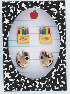 True to Form Teacher Crayon Paint Palette Earrings NWT Notebook Box